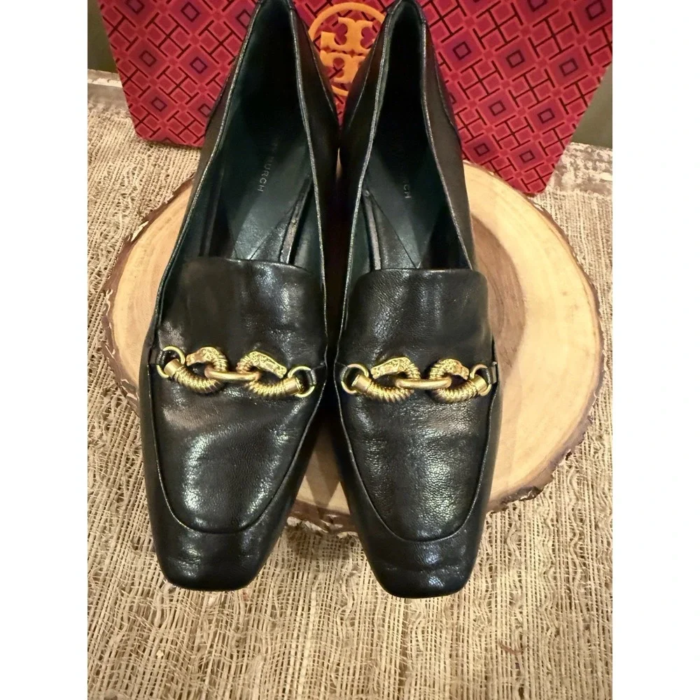 Tory Burch Women's Jessa Leather Heeled Loafer Black Block Heel Gold Links 9.5